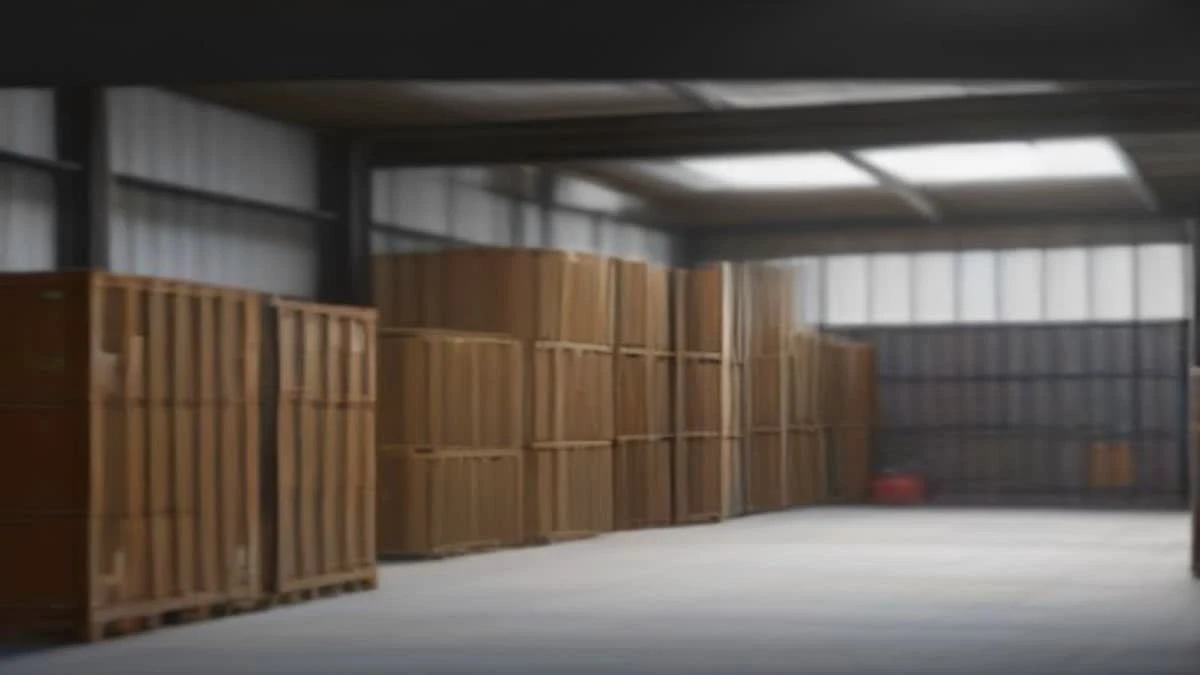 Photograph: medium shot of a wide shot of loading docks with containers and a forklift in motion